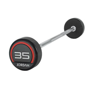The Jordan Fixed Barbell features a straight metal bar with black round rubber weights, left plate labeled 10 with a red ring. Its compact design and various weight options suit versatile workouts. Photographed on a white background.