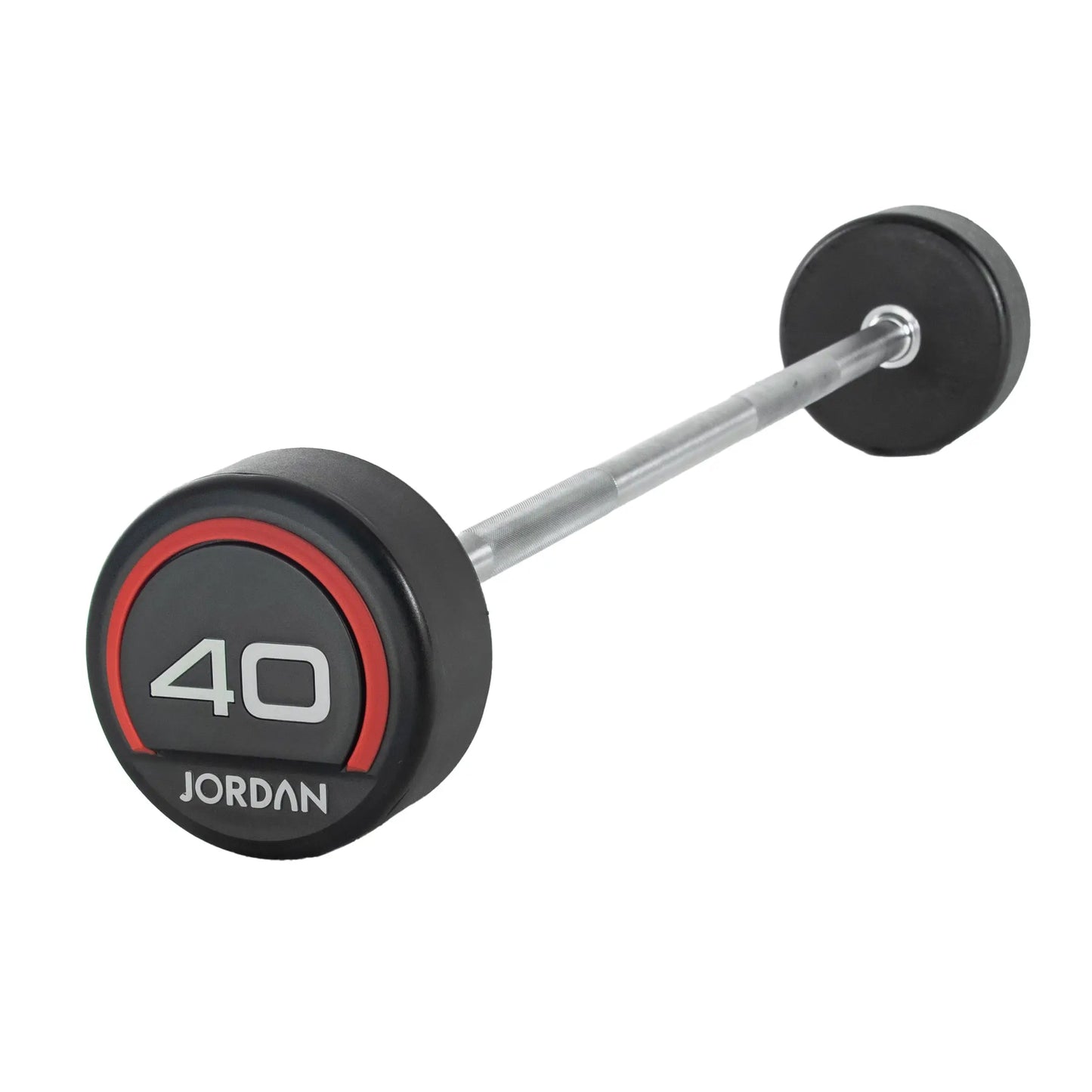 The Jordan Fixed Rubber Barbell has round rubber ends, labeled 10 with Jordan underneath in a black and red design. Ideal for barbell racks, it adds style and utility to any workout space.