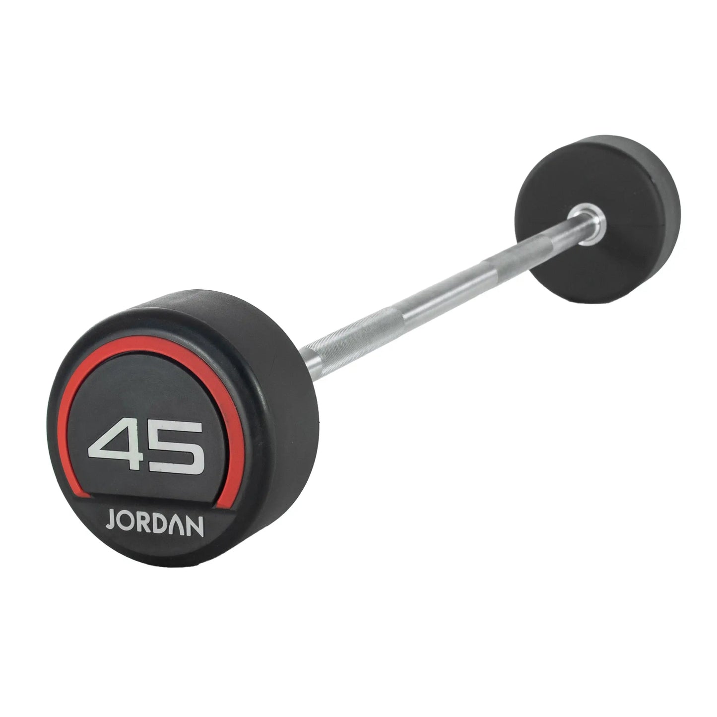 The Jordan Fixed Rubber Barbell has round rubber ends, labeled 10 with Jordan underneath in a black and red design. Ideal for barbell racks, it adds style and utility to any workout space.