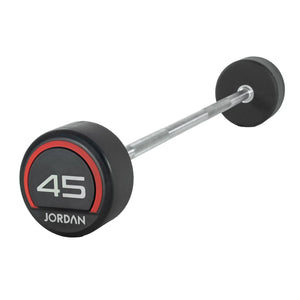 The Jordan Fixed Barbell features a straight metal bar with black round rubber weights, left plate labeled 10 with a red ring. Its compact design and various weight options suit versatile workouts. Photographed on a white background.