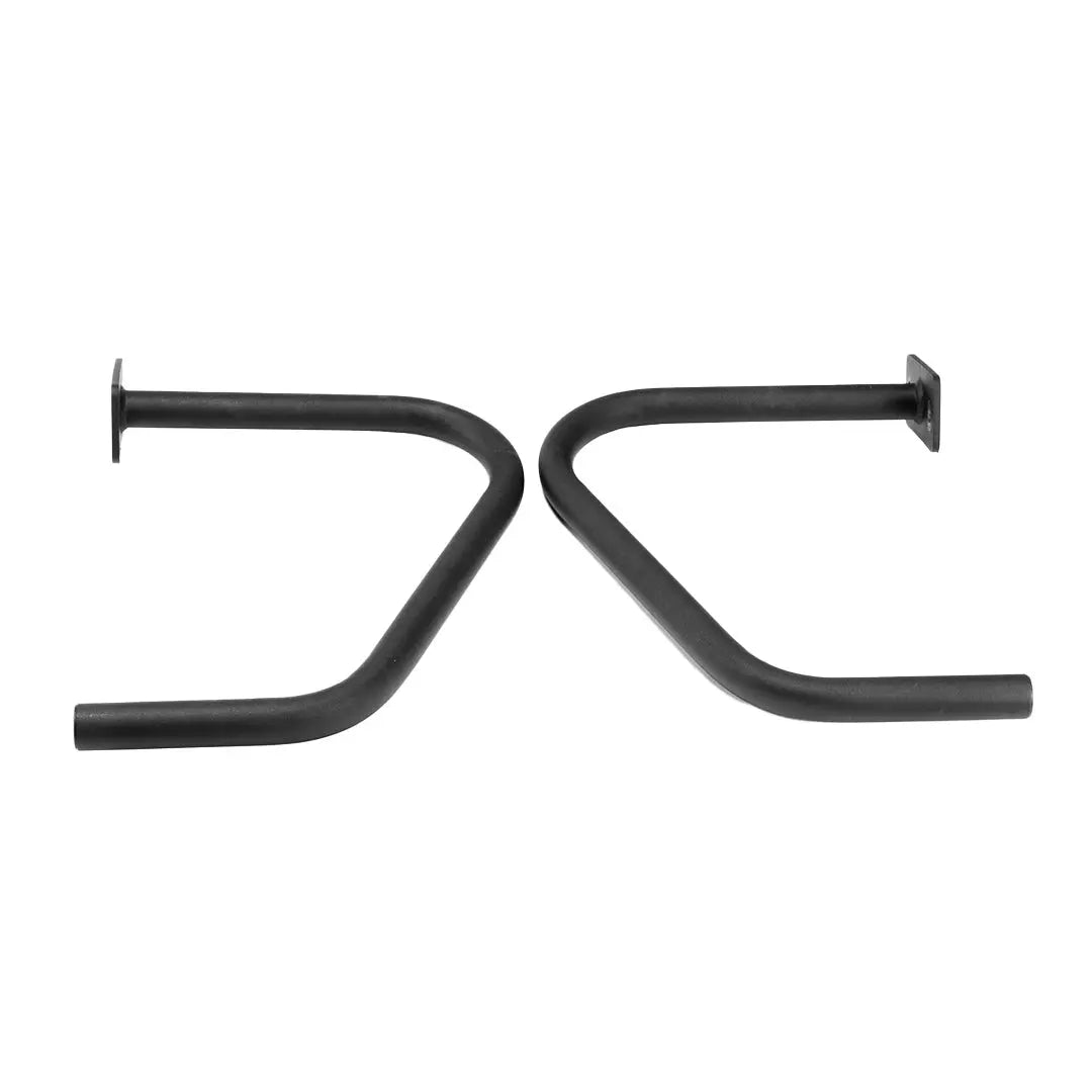 The Jordan JORDAN HELIX Angled Handle Rack Attachment – Pair features two black metal hooks with angled arms, ideal for strength training setups and designed to fit the HELIX Rack. Shown facing each other horizontally against a white background.