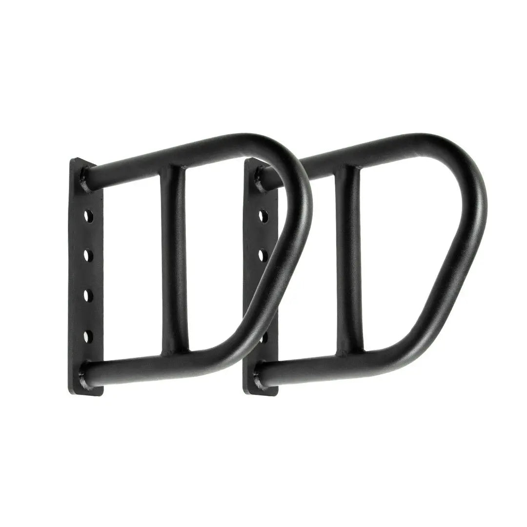 A pair of black metal wall-mounted brackets by Jordan, designed to hold JORDAN HELIX Multi Handle Attachments – Pull-Up & Dip Accessory (Pair). Features rounded ends and multiple screw holes for secure mounting.