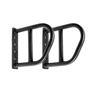 A pair of black metal wall-mounted brackets by Jordan, designed to hold JORDAN HELIX Multi Handle Attachments – Pull-Up & Dip Accessory (Pair). Features rounded ends and multiple screw holes for secure mounting.