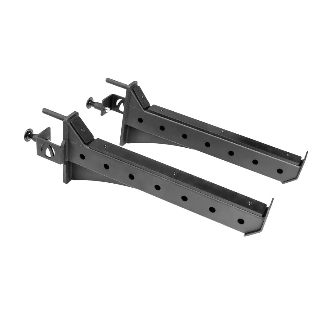 The JORDAN HELIX Safety Bar Attachment (Pair) by Jordan features two black metal arms with multiple circular holes and bolts, designed to attach to equipment and deliver heavy-duty rack protection during intense workouts.
