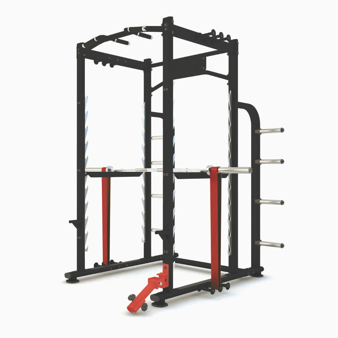 The JORDAN Power Rack with Attachments, by Jordan, is a commercial-grade black and red power rack featuring weight holders and pull-up bars designed for strength training. It stands prominently against a plain white background.