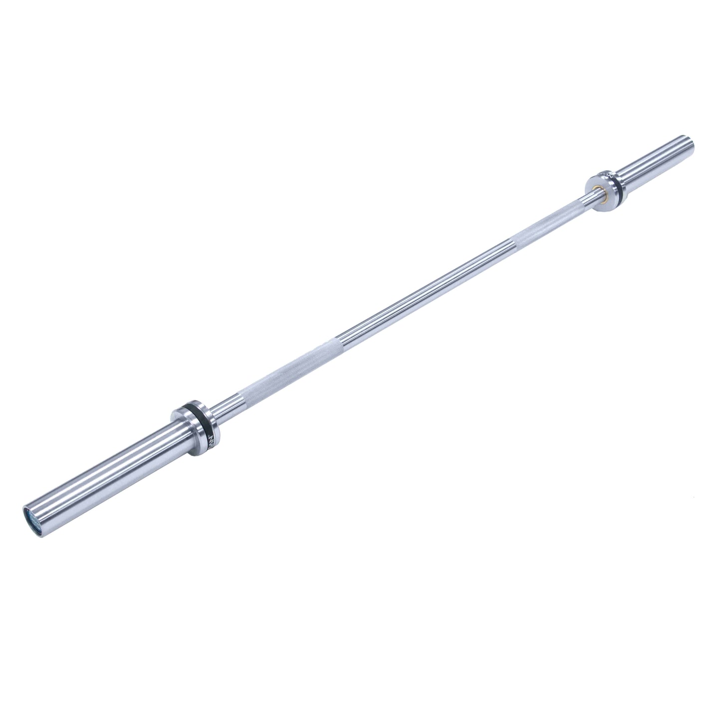 Close-up of a barbell end reveals a blue cap with JORDAN in white, marked 21.5KG - 32MM. The JORDAN Steel Series Straight Olympic Bars With Bearings feature a shiny silver finish and durable build, perfect for versatile athlete training.