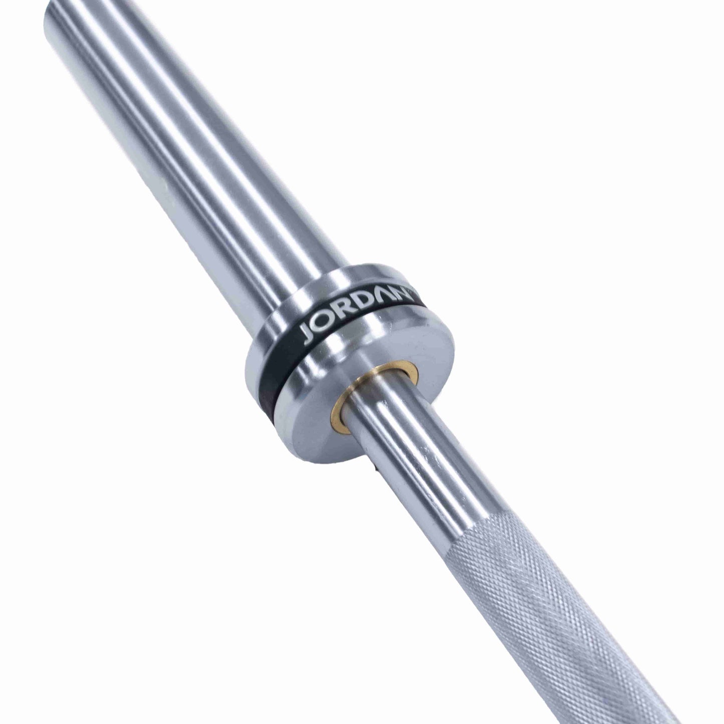 Close-up of a barbell end reveals a blue cap with JORDAN in white, marked 21.5KG - 32MM. The JORDAN Steel Series Straight Olympic Bars With Bearings feature a shiny silver finish and durable build, perfect for versatile athlete training.