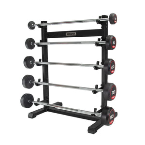 The Jordan Fixed Barbell features a straight metal bar with black round rubber weights, left plate labeled 10 with a red ring. Its compact design and various weight options suit versatile workouts. Photographed on a white background.