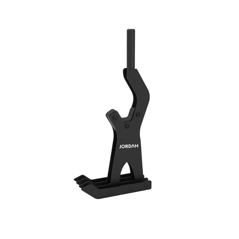 The JORDAN Olympic Barbell Jack – Quick-Load Deadlift Tool (300kg Max) by Jordan is a black metal barbell jack with a vertical handle and angled base, ideal for garage gyms. "JORDAN" is labeled on the side, shown isolated on a white background.