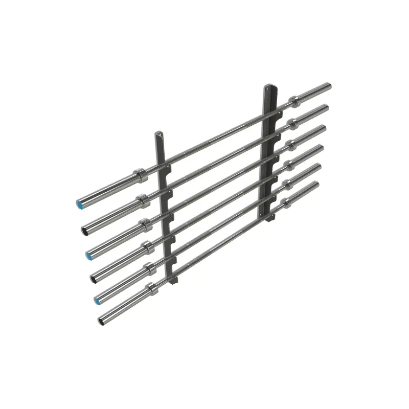 The JORDAN Wall Mounted Olympic Bar Holder – 6-Bar Rack by Jordan stores six barbells, saving gym space with organized, secure wall-mounted storage.