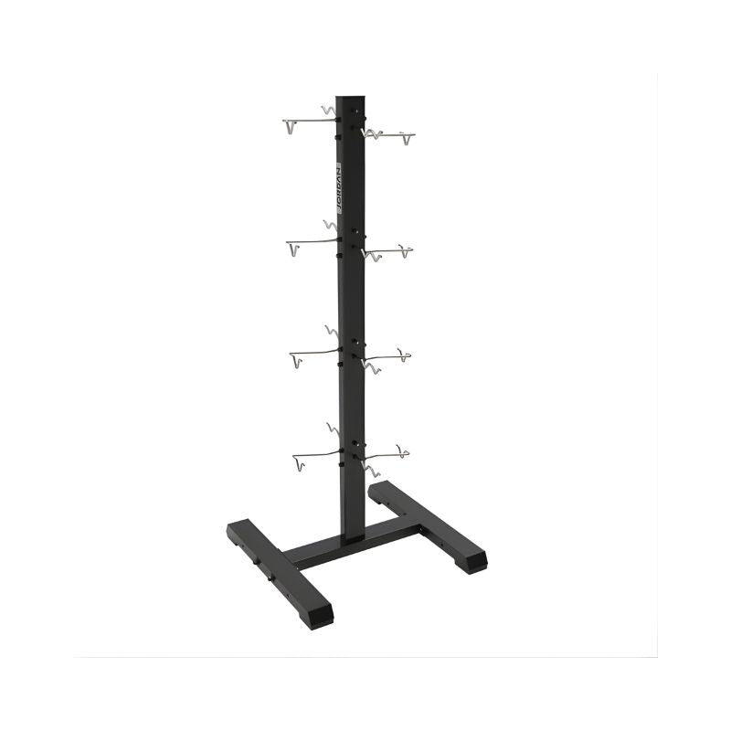 The Jordan Cable Attachment Holder is a black metal vertical rack with multiple hooks at various heights, designed for organizing or hanging cable attachments, and stands securely on a rectangular base.