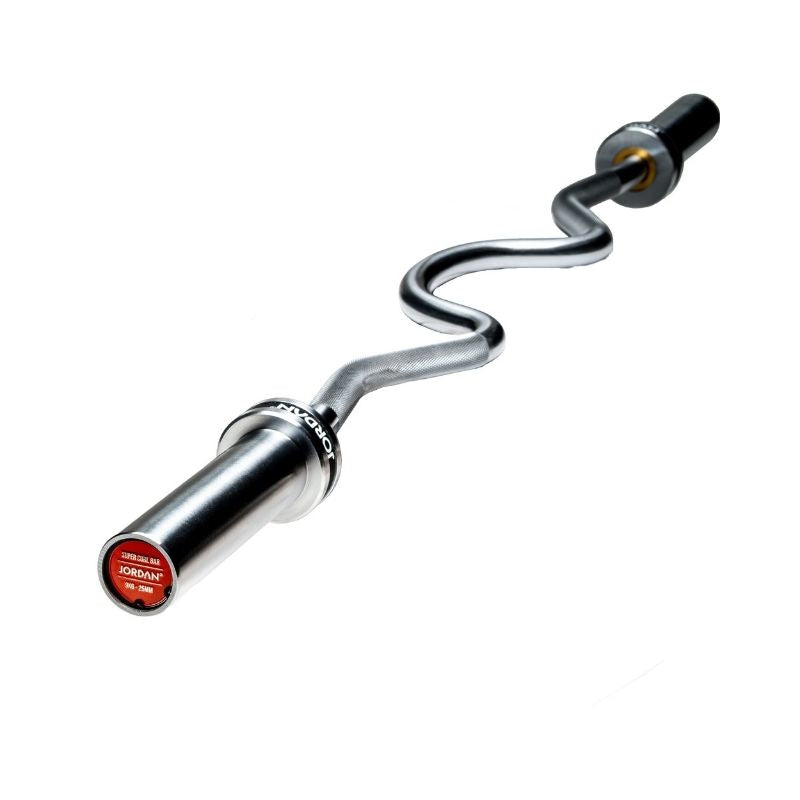 The Jordan Steel Series Super Curl Bar – a 1200mm Olympic barbell with an ergonomic wavy grip, black ends, and a red label—ideal for weightlifting and targeting biceps and triceps.