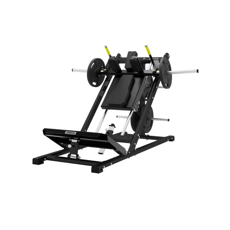 The JORDAN Hack Squat Machine by Jordan, designed for lower body strength with spinal support, features an angled backrest and footplate with weight plates loaded on the sides, shown on a white background.