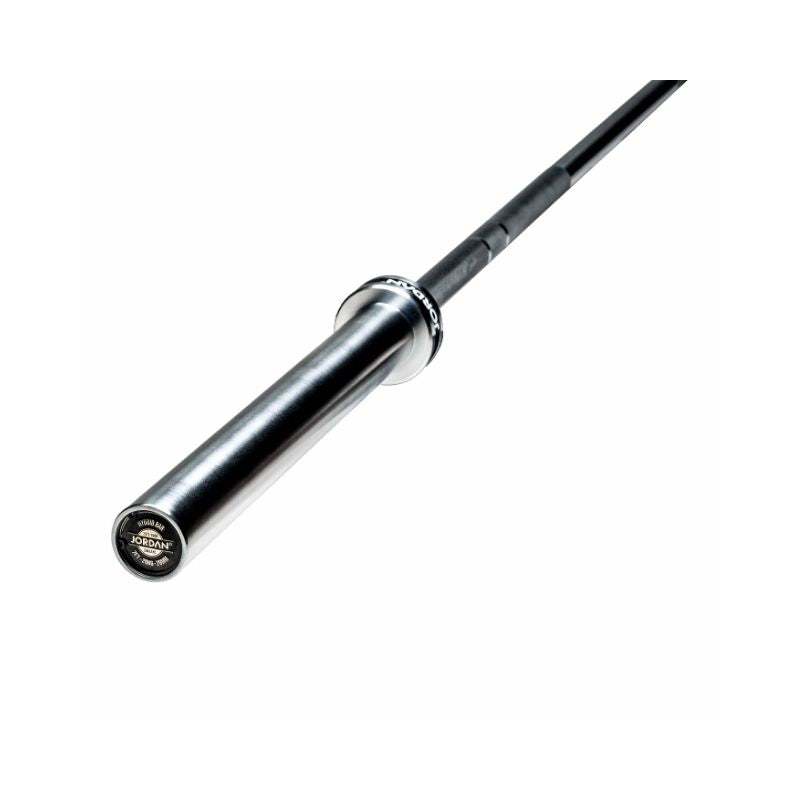 A close-up of the Jordan JORDAN Elite Olympic Bar – 20kg, 7ft, 185,000 PSI with knurled grip and smooth sleeve, designed for weightlifting and strength training, set against a plain white background.
