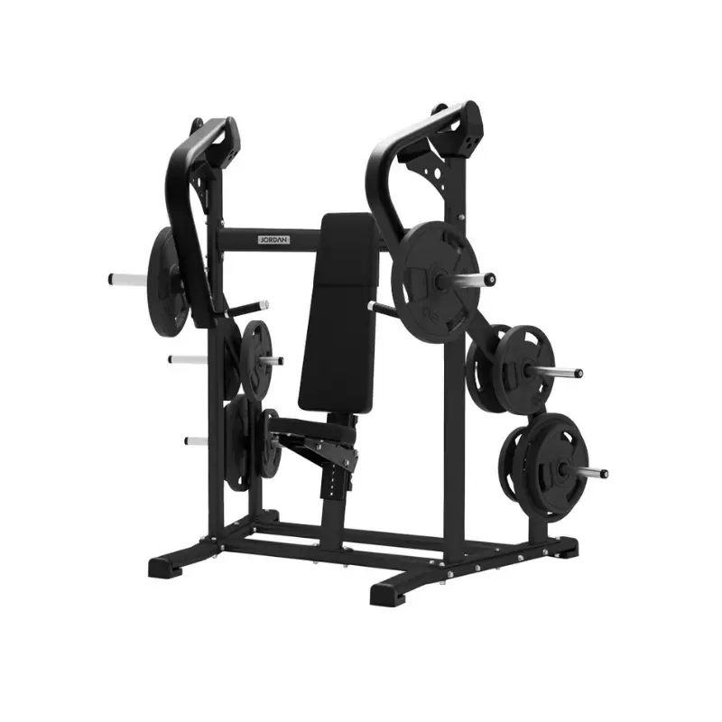 The Jordan Iso-Lateral Chest Press is a black commercial strength machine with an adjustable seat, independent arm movement, and multiple weight plates—ideal for upper body training.
