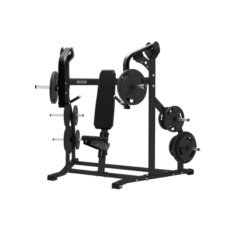 The JORDAN Iso‑Lateral Incline Chest Press by Jordan is a commercial-grade, black, plate-loaded machine with angled handles, padded backrest and seat, multiple weight plates attached, and a sturdy steel frame.