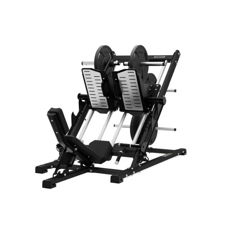 The JORDAN 45° Dual Leg Press by Jordan is a black and silver commercial leg strength machine for gyms, allowing unilateral or bilateral training with weighted plates, shown on a white background.