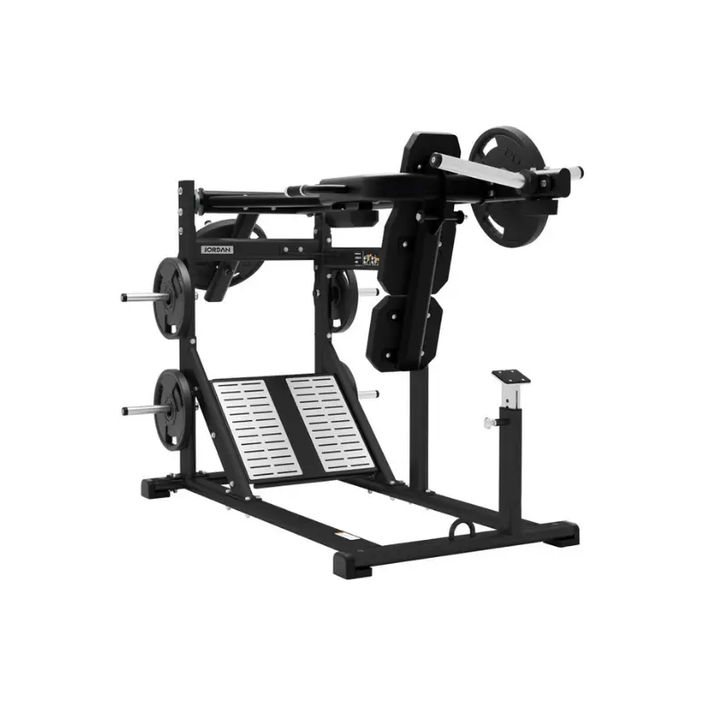 The Jordan JORDAN Pendulum Squat Machine offers a safe, full-range squat for superior lower body strength, featuring angled foot platforms, padded shoulder supports, and multiple plate holders. Shown here in black and isolated on a white background.