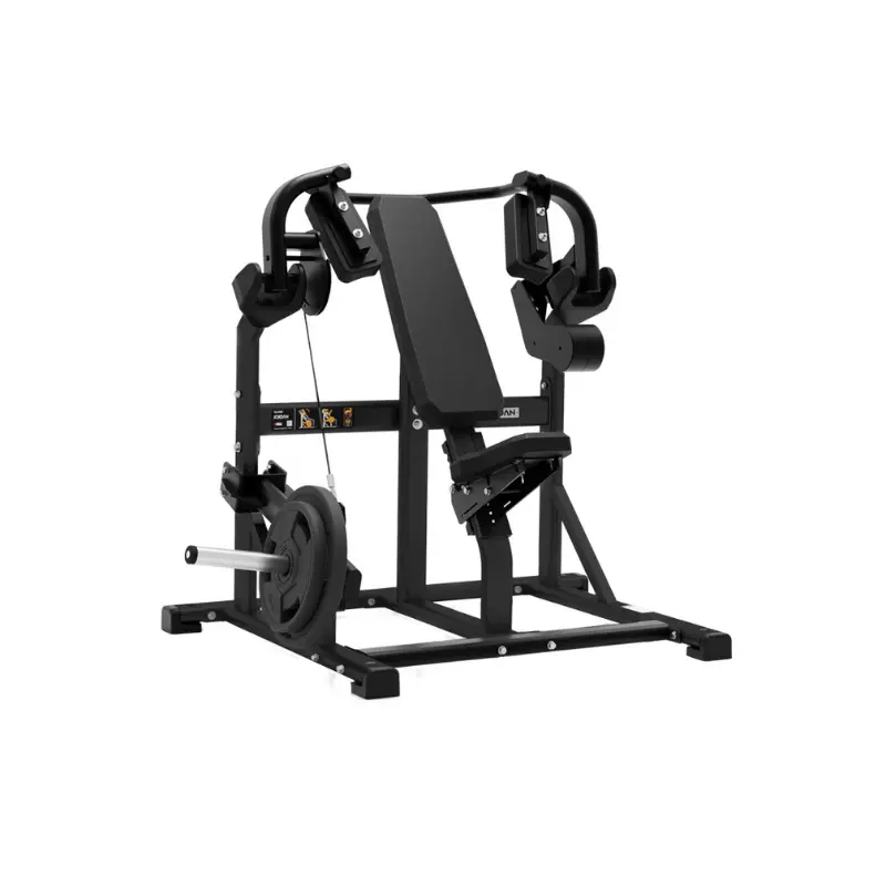 The JORDAN Pullover Machine by Jordan is a commercial-grade, black strength trainer featuring a padded backrest, dual handles, and side weight plate holders for full-range back, chest, and triceps workouts.