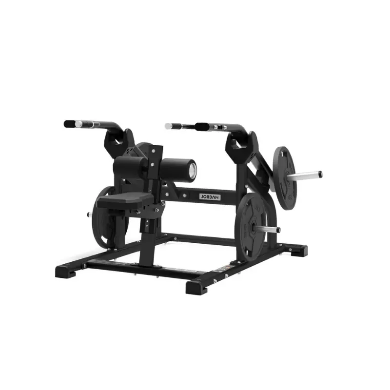 The JORDAN Seated Dip Machine by Jordan is a black, heavy-duty tricep and chest press with padded supports, handles, and weight plate holders—ideal for strength and muscle isolation—shown on a white background.