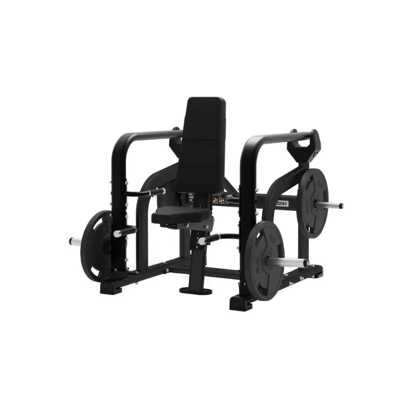 The JORDAN Seated/Standing Shrug Machine by Jordan is a black, commercial-grade, dual-position trap isolator with padded seat and backrest, designed for upper back strength. It features two handles and plate-loaded adjustable resistance on both sides.