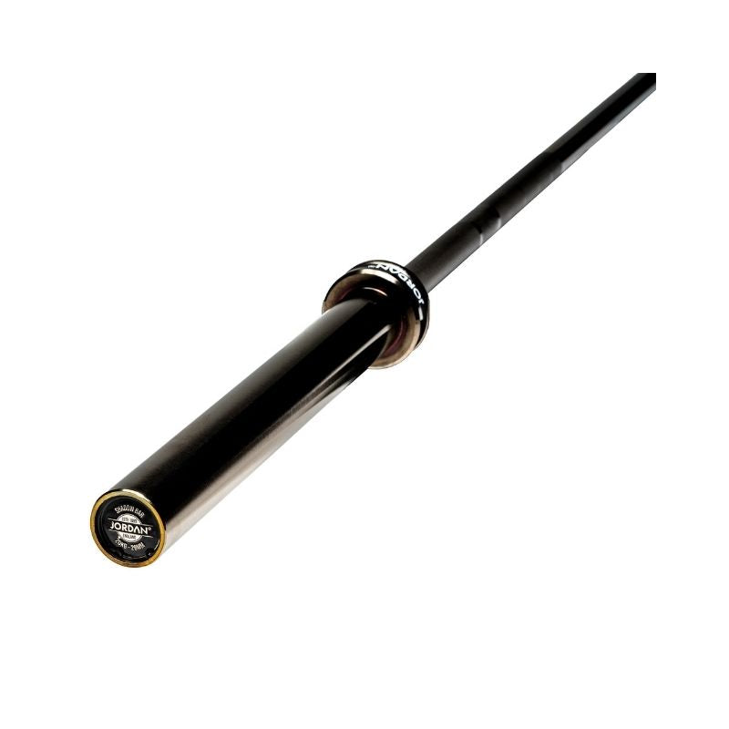 The JORDAN Black Olympic "Shadow" Bar—a 7ft titanium-coated barbell (20kg, 215K PSI, 900kg capacity) from Jordan—is displayed on a white background with its sleeve and brand label clearly visible, perfect for powerlifting or strength training.