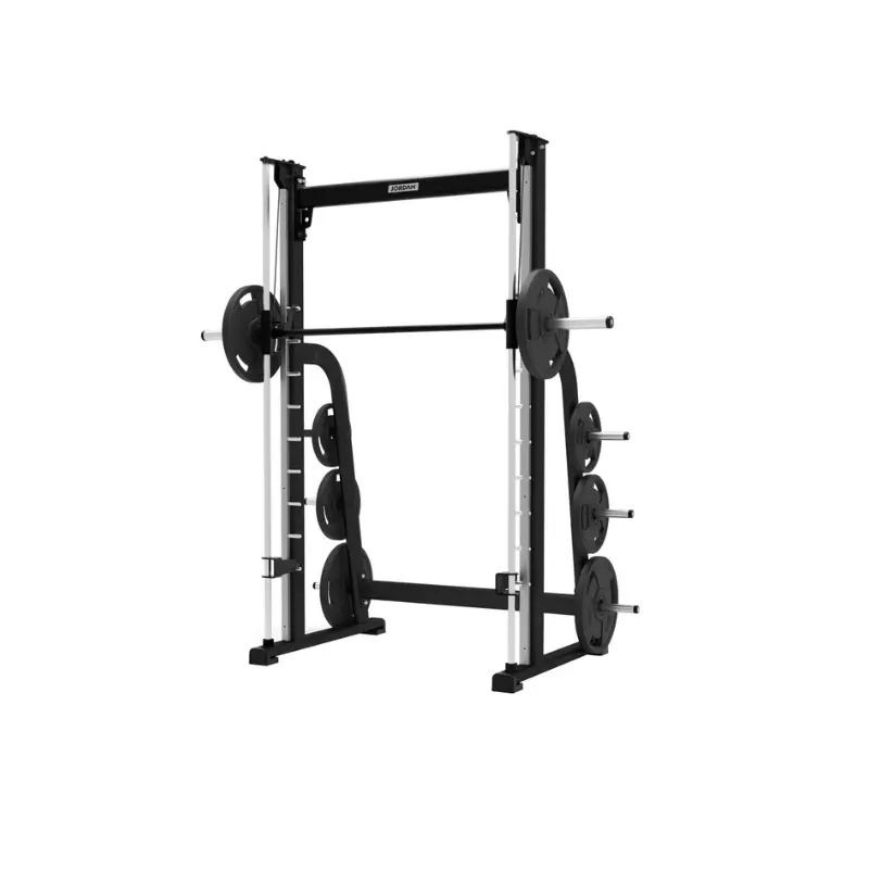 The JORDAN Smith Machine Counter Balance by Jordan is a black and silver strength training machine with a counter balance system, barbell, and weight plates, shown on a white background for safe, controlled free weight exercises.