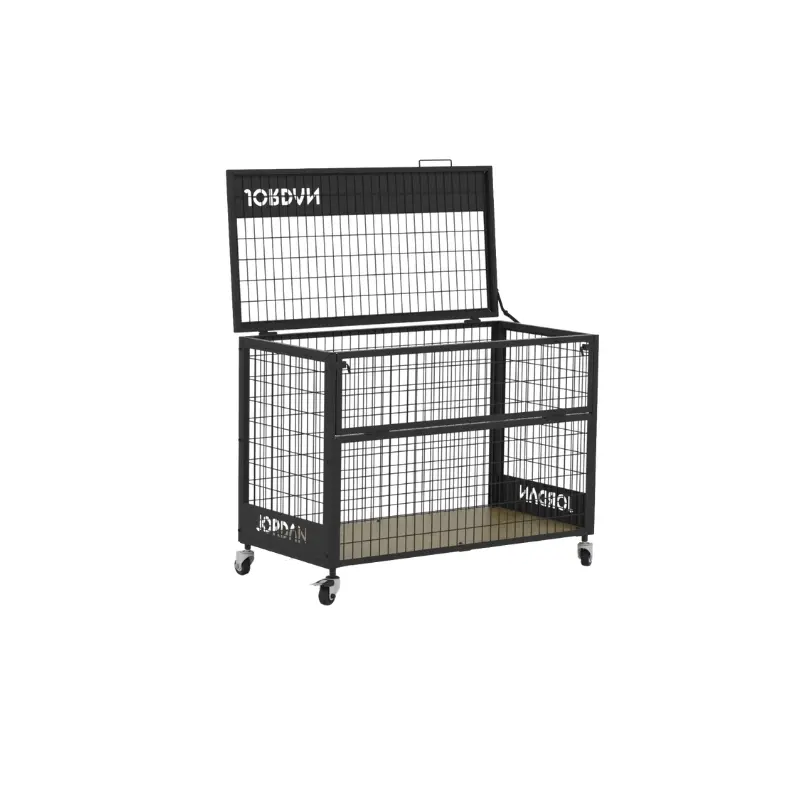 The JORDAN Steel Gym Storage Cage by Jordan is a large black lockable metal cage with a hinged lid, four caster wheels, and a flat base—perfect for securely organizing your boxing and gym gear.