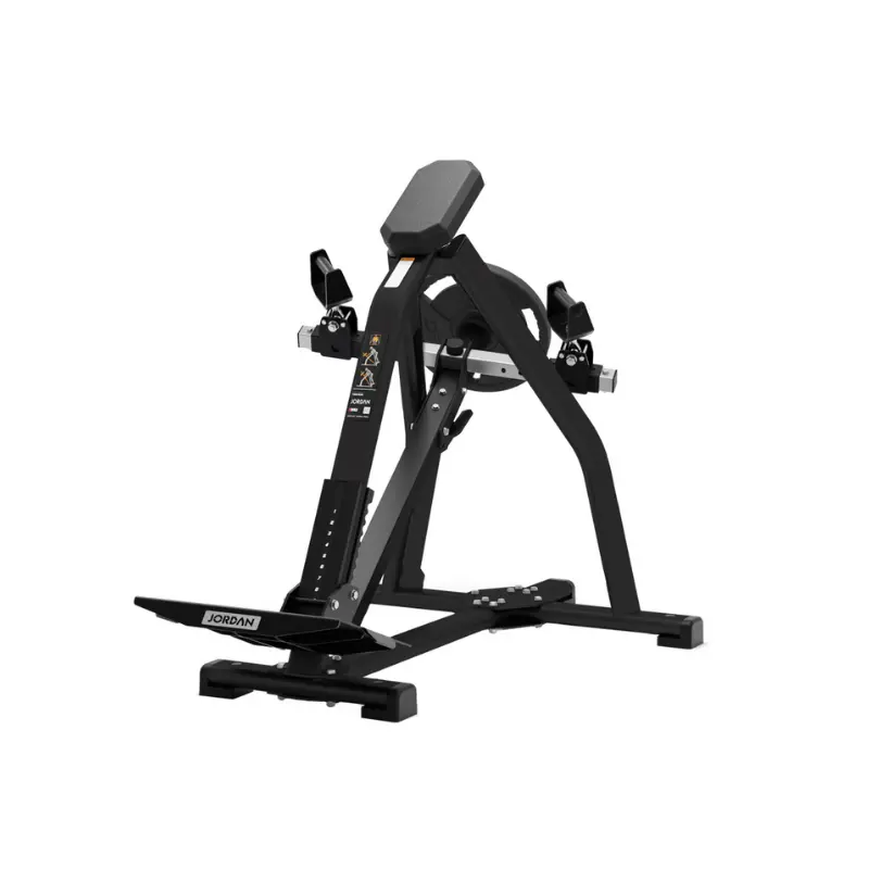 The JORDAN T‑Bar Row Chest Support – Commercial Upper‑Back Row Machine by Jordan is a black, angled gym machine with padded seat and footrests for chest-supported rowing exercises, shown on a white background.