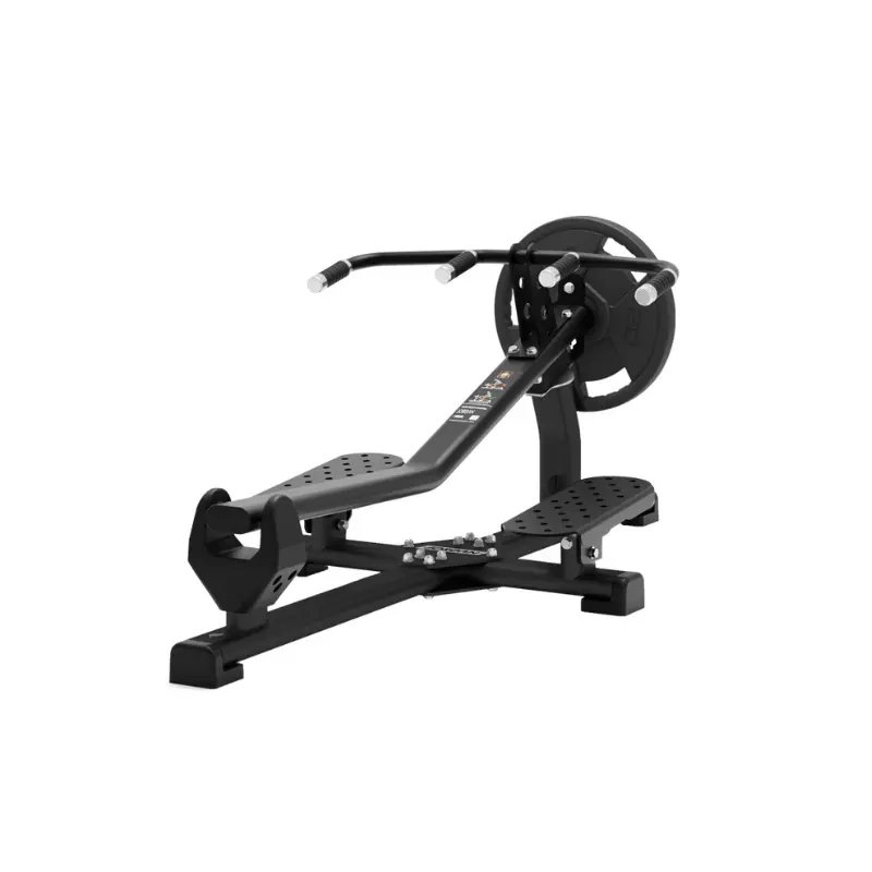 The JORDAN T-Bar Row Standing Machine by Jordan features an angled black frame, padded chest support, foot platforms, and rear weight plate holders—designed for powerful back workouts and enhanced full-body engagement.
