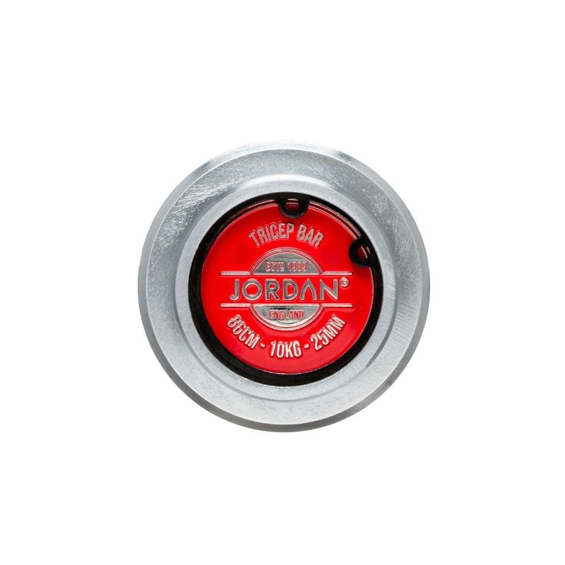 A round, silver weight plate with a red label reading JORDAN, TRICEP BAR, 10 KG, pairs perfectly with your JORDAN Steel Series Olympic Tricep Bar - 34" for effective arm workouts.