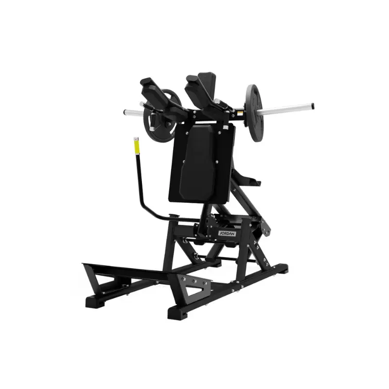 The JORDAN V Squat Machine by Jordan is an ergonomic, joint-safe squat trainer with padded backrest and footplate, ideal for effective strength training in commercial gyms.