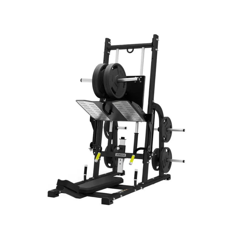 The JORDAN Vertical Leg Press by Jordan is a compact, commercial lower-body strength machine in black and silver with padded supports, side weight plate holders, and foot platform, shown on a white background.