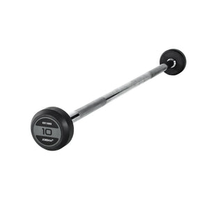 The JORDAN Fixed Barbell - Straight Bar by Jordan features grey/black rubber-coated round weights and a silver grip, weighs 10 kg, and is ideal for home gyms. Displayed on a white background.