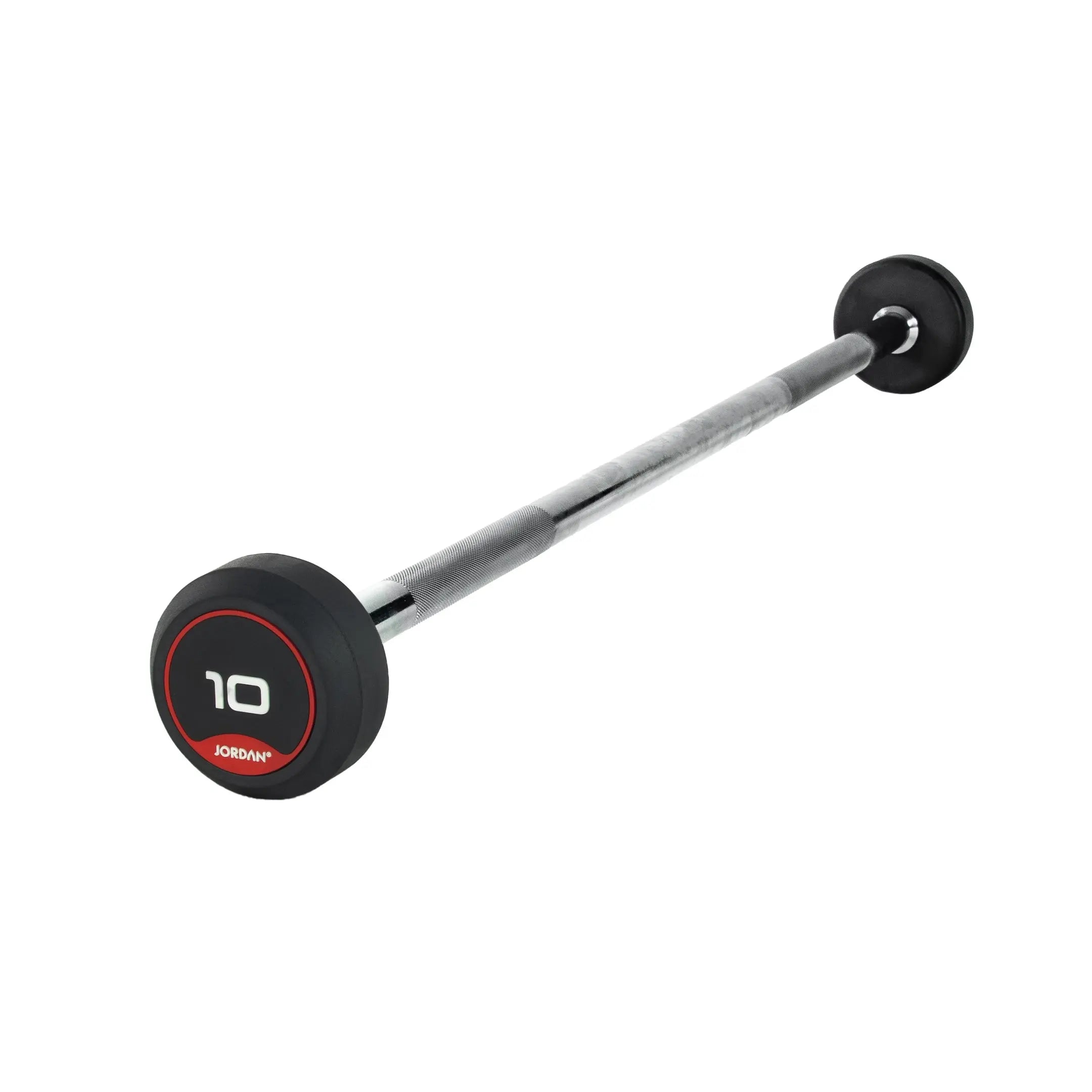 The Jordan Fixed Rubber Barbell has round rubber ends, labeled 10 with Jordan underneath in a black and red design. Ideal for barbell racks, it adds style and utility to any workout space.