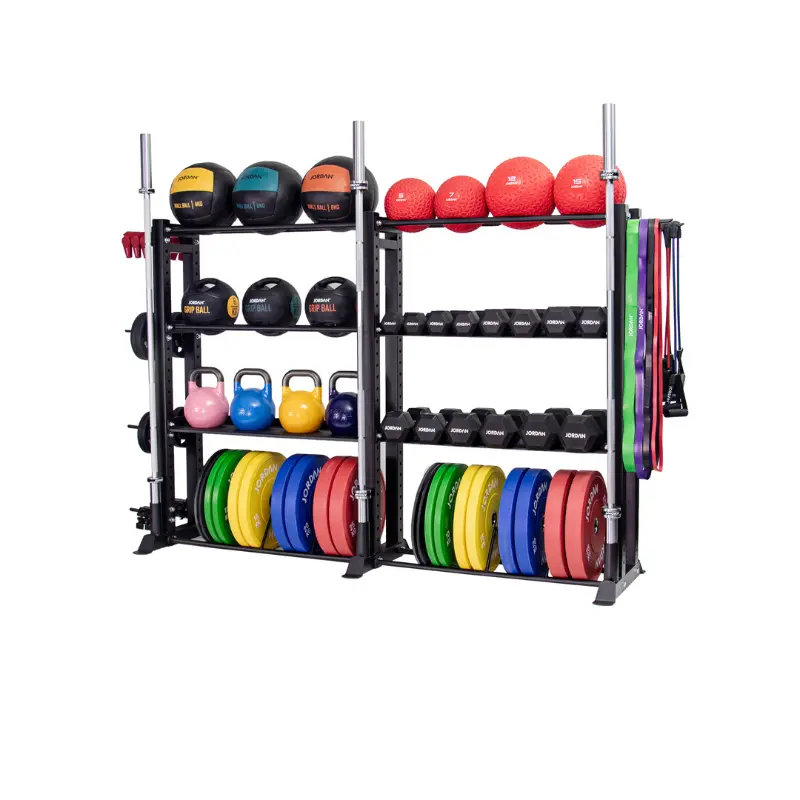 The Jordan JORDAN HELIX Multi Storage Rack is an all-in-one gym storage system that neatly organizes medicine balls, kettlebells, dumbbells, resistance bands, and colorful weight plates on sturdy shelves.