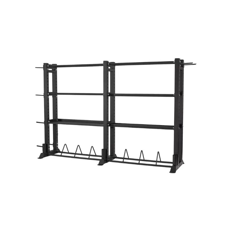 The Jordan JORDAN HELIX Multi Storage Rack is an all-in-one gym storage system that neatly organizes medicine balls, kettlebells, dumbbells, resistance bands, and colorful weight plates on sturdy shelves.