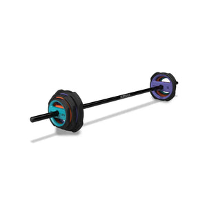The Jordan JORDAN Ignite Pump X™ Urethane Studio Barbell Set features colored blue, red, and purple weight plates and rests on a white background—ideal for pump-style workouts.