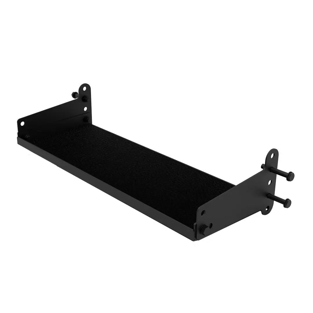 The Jordan J75 Storage Shelf Attachment is a black metal shelf designed for the J75 Compact Power Rack. With a textured surface and side brackets featuring multiple holes for assembly, its ideal for securely holding electronic equipment in your rack setup.