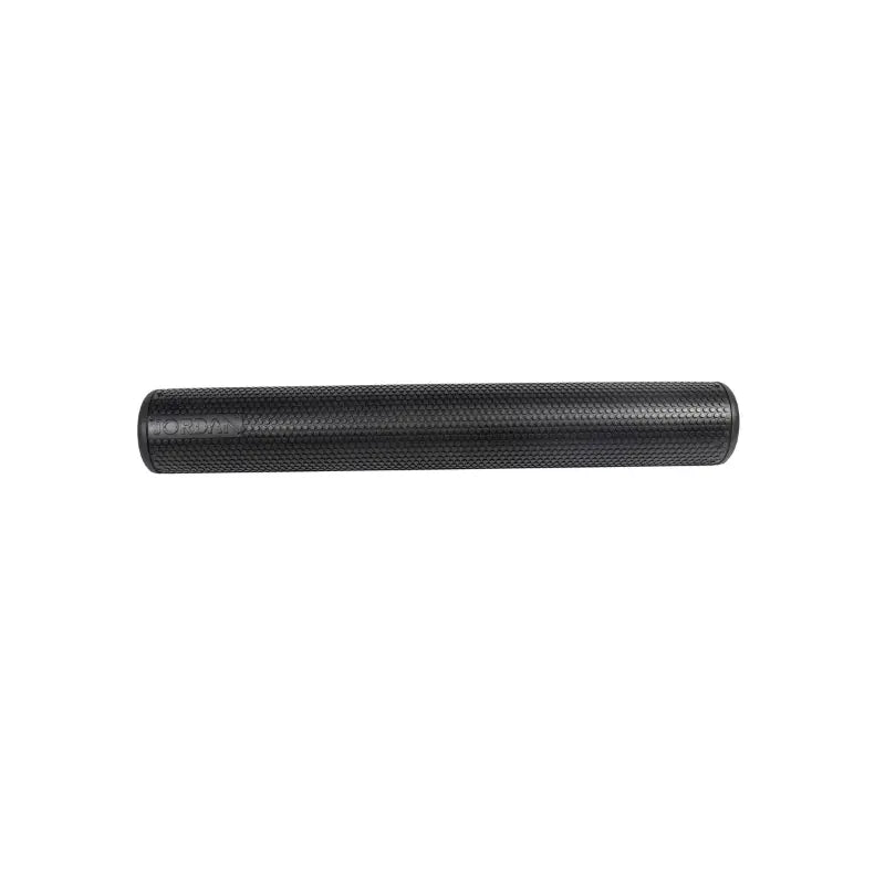 The Jordan Recovery Foam Roller features a black, cylindrical textured rubber design, perfect for light massage and injury rehab—ideal for those seeking gentle relief similar to handlebar grips.