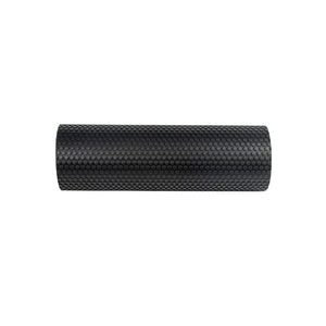 The Jordan Recovery Foam Roller features a black, cylindrical textured rubber design, perfect for light massage and injury rehab—ideal for those seeking gentle relief similar to handlebar grips.