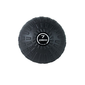 The JORDAN High-Performance Slam Ball by Jordan is black with a textured surface, ideal for strength training, and displays the number 7 and JORDAN in white on a circular center label.
