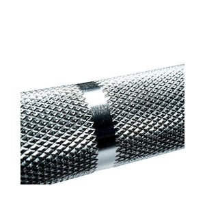 Close-up of the JORDAN Ultimate Olympic Bar by Jordan, a competition-standard 15kg/20kg barbell with diamond-patterned knurling for grip, smooth center ring, and 200K PSI tensile strength, shown on a plain white background.