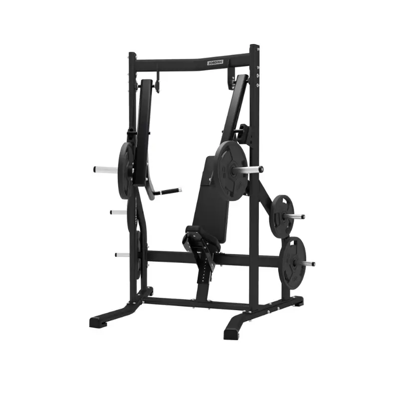 The JORDAN Iso‑Lateral Decline Chest Press by Jordan is a black commercial lower chest strength machine with a padded seat, backrest, horizontal handles, and plate-loaded sides, shown on a plain white background.