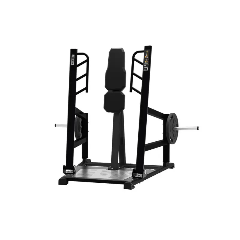 The JORDAN Iso-Lateral Standing Chest Press by Jordan is a black, metal strength machine with padded handles and plate-loaded arms—essential for any commercial gym—displayed against a plain white background.