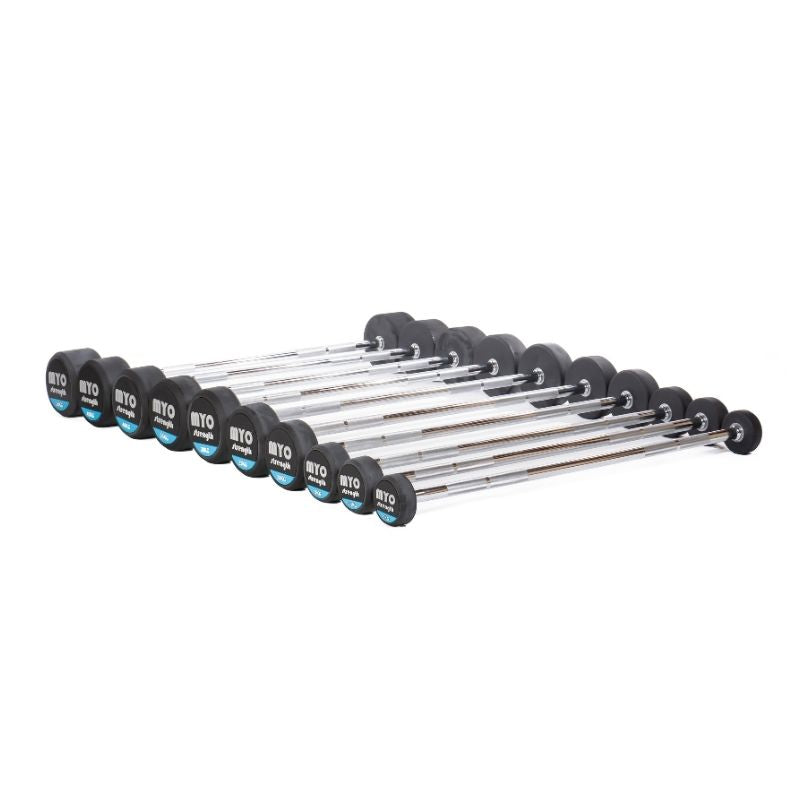 A set of ten MYO Strength Rubber Barbells (Fixed Bar, 10kg-50kg) with black rubber weights and chrome handles, labeled by weight, neatly arranged in parallel rows—ideal for commercial gym setups.