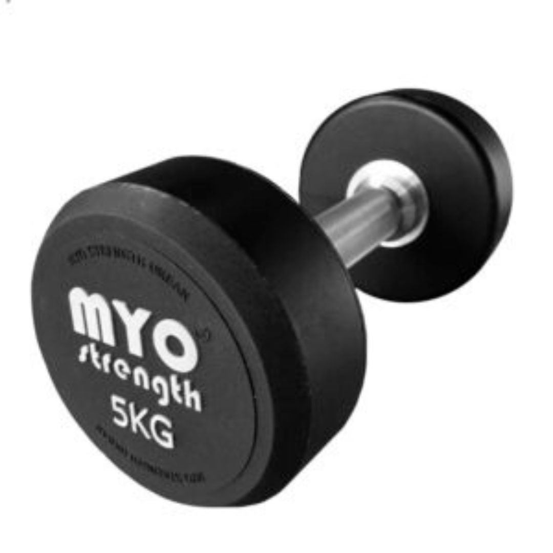 A black MYO Strength urethane dumbbell with a silver handle rests against a white background, featuring MYO strength 5KG in white text on the flat end. This durable fitness equipment is crafted for strength training.