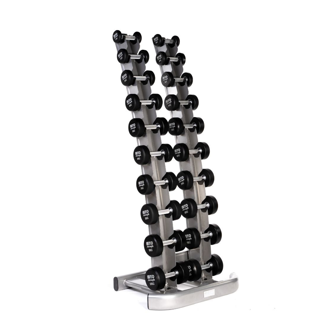 A black MYO Strength urethane dumbbell with a silver handle rests against a white background, featuring MYO strength 5KG in white text on the flat end. This durable fitness equipment is crafted for strength training.