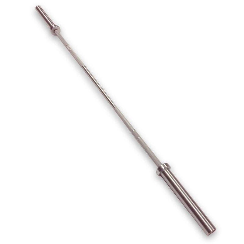 A close-up of the MYO Strength - 7ft Olympic Bar (1000lbs Tested) – 15kg end shows a pink label with white MYO Strength 15KG text, emphasizing its durability and robust build.