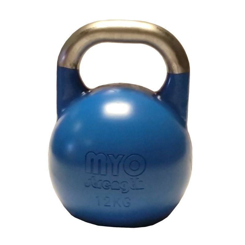 A 4 KG MYO Strength Competition Kettlebell by MYO Strength, blue with a smooth silver handle, perfect for functional strength training, shown on a white background.